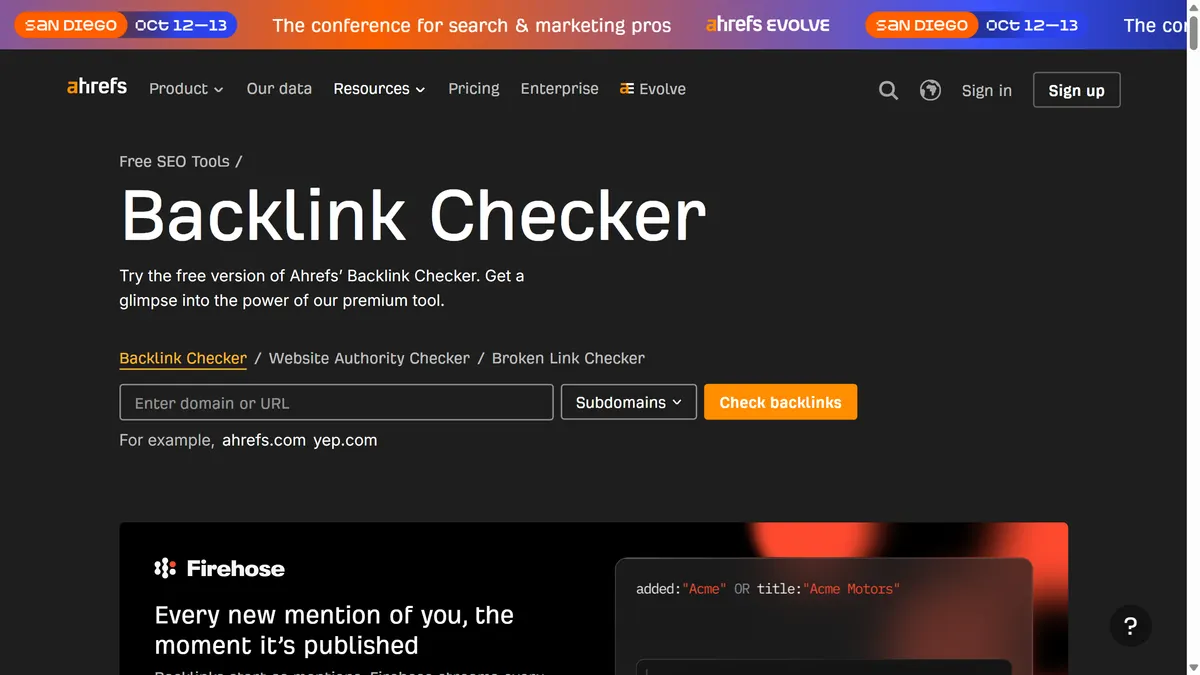 Halaman awal Ahrefs Backlink Checker dengan tab Backlink Checker aktif di samping Website Authority Checker dan Broken Link Checker, kolom isian domain masih kosong