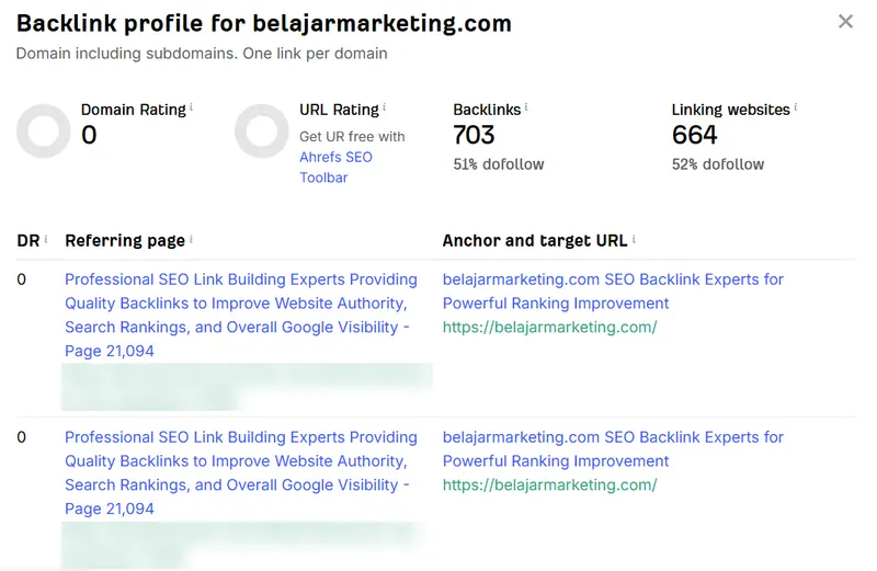 Jendela Backlink profile for belajarmarketing.com berisi Domain Rating 0, Backlinks 703 dengan 51% dofollow, Linking websites 664 dengan 52% dofollow, dan tabel berkolom DR, Referring page, serta Anchor and target URL