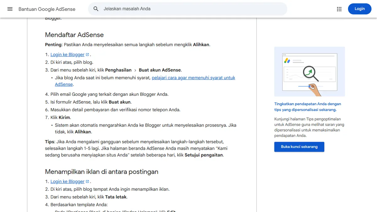 Bagian Mendaftar AdSense di halaman Bantuan Google AdSense yang berisi tujuh langkah, dari login ke Blogger, menu Penghasilan lalu Buat akun AdSense, sampai klik Kirim dan Alihkan