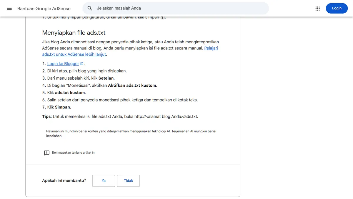 Bagian Menyiapkan file ads.txt di halaman Bantuan Google AdSense dengan langkah membuka Setelan, mengaktifkan ads.txt kustom di bagian Monetisasi, lalu menyimpan