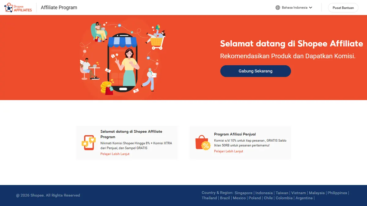 Tangkapan layar beranda affiliate.shopee.co.id dengan judul Selamat datang di Shopee Affiliate, tombol Gabung Sekarang, serta kartu Shopee Affiliate Program dan Program Afiliasi Penjual