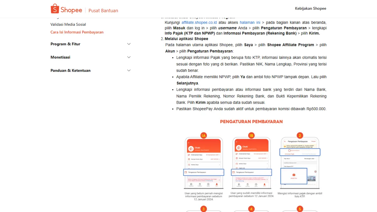 Tangkapan layar artikel Pusat Bantuan Shopee tentang cara mengisi informasi pembayaran Shopee Affiliate, berisi langkah mengunggah foto KTP, NPWP, dan data rekening bank