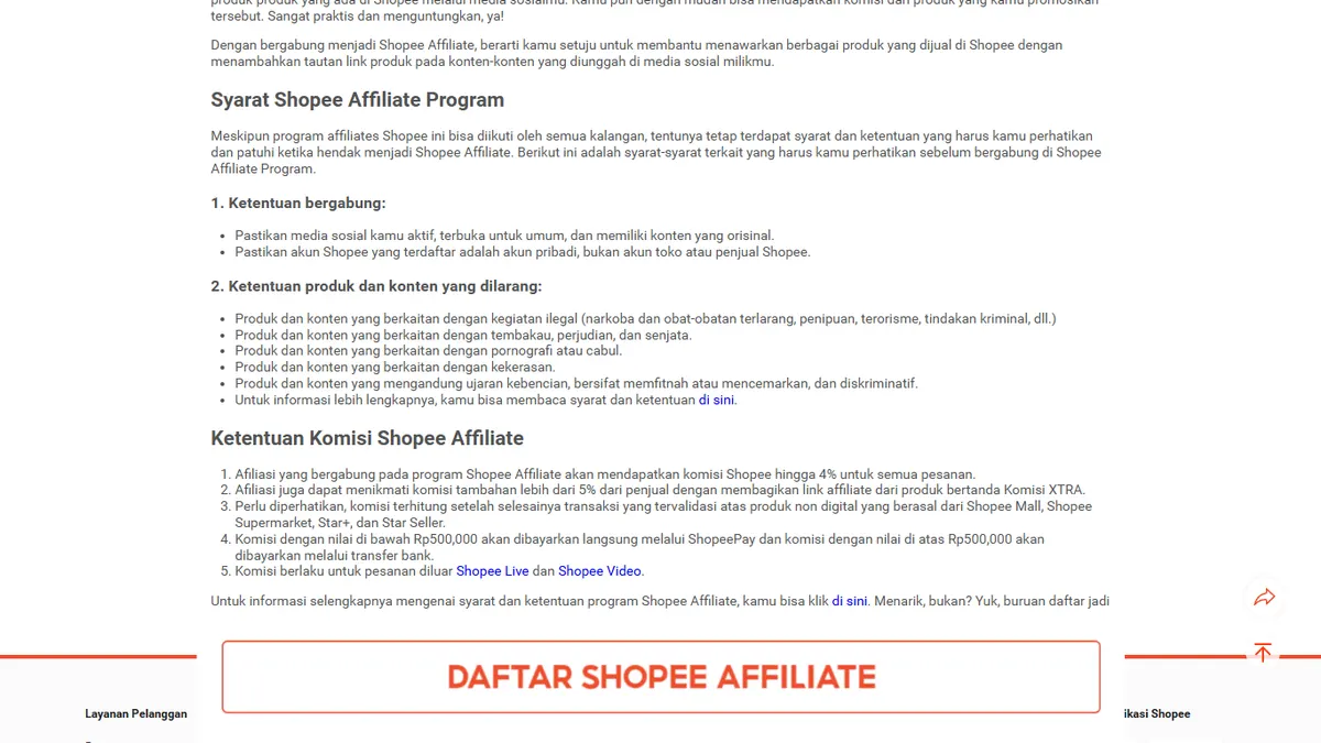 Tangkapan layar halaman Shopee Affiliate Program di shopee.co.id bagian Syarat Shopee Affiliate Program, berisi dua ketentuan bergabung, daftar produk serta konten yang dilarang, dan Ketentuan Komisi Shopee Affiliate
