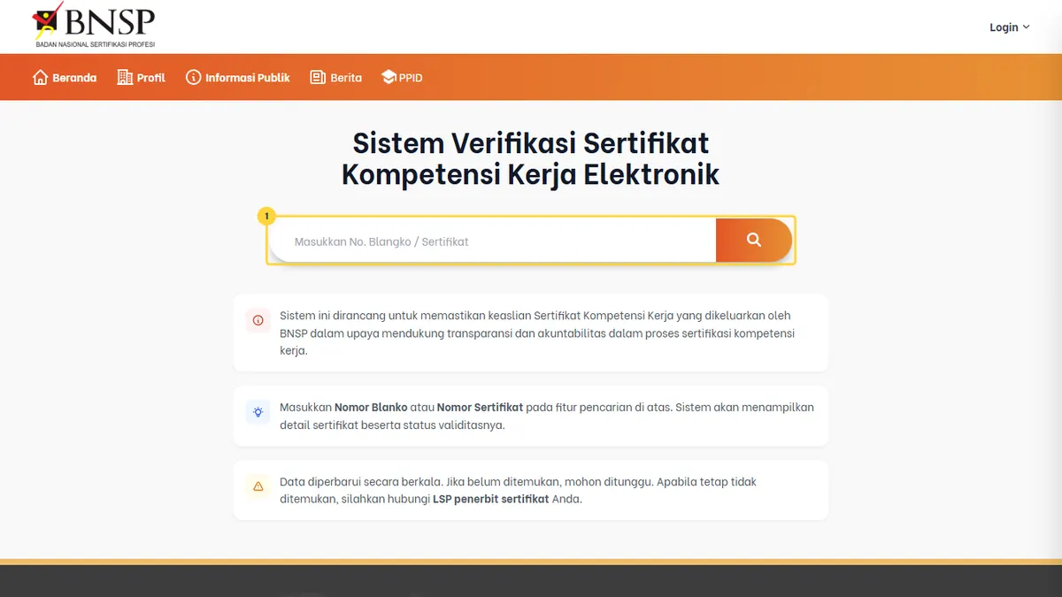 Halaman Sistem Verifikasi Sertifikat Kompetensi Kerja Elektronik BNSP dengan kolom isian nomor blangko atau nomor sertifikat yang disorot